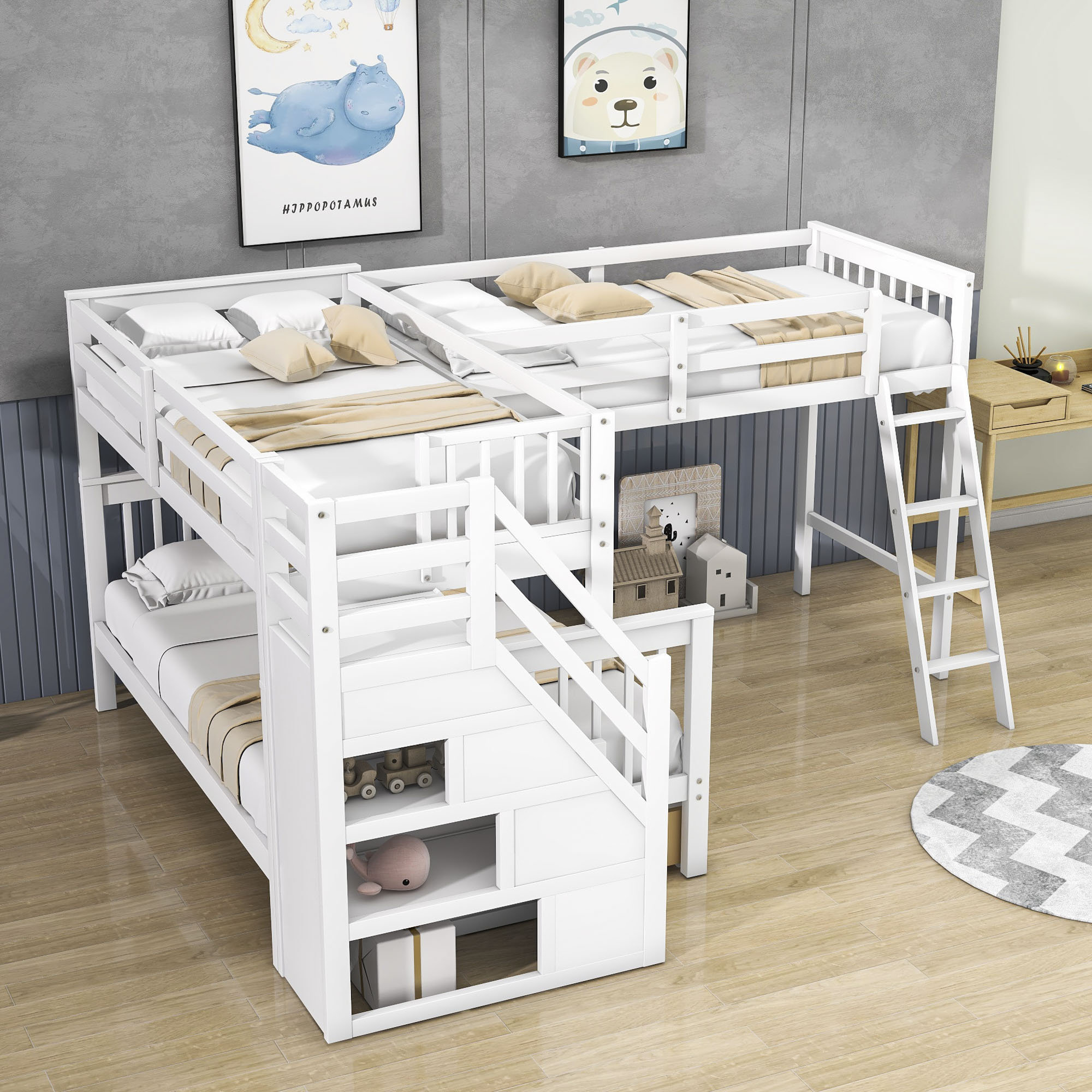 Harriet Bee Fabriana Twin Over Full & Twin 3 Drawers L-Shaped Bunk Bed ...