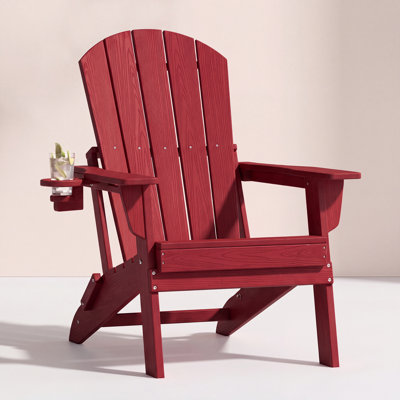 Chaise Adirondack pliante, texture bois, porte-gobelet, PEHD toutes saisons pour piscine / pelouse, rouge