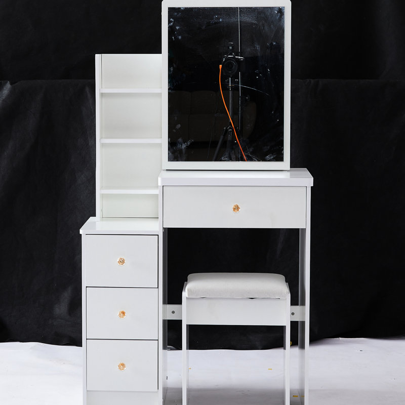 Compact Left Bedside Dresser Vanity, Includes Cushioned Stool & Extra Large Sliding Mirror, Multi-Layer Storage, Elegant White For Areas Small Space- Cabinet Vanity Table, With Padded Big Fashionable