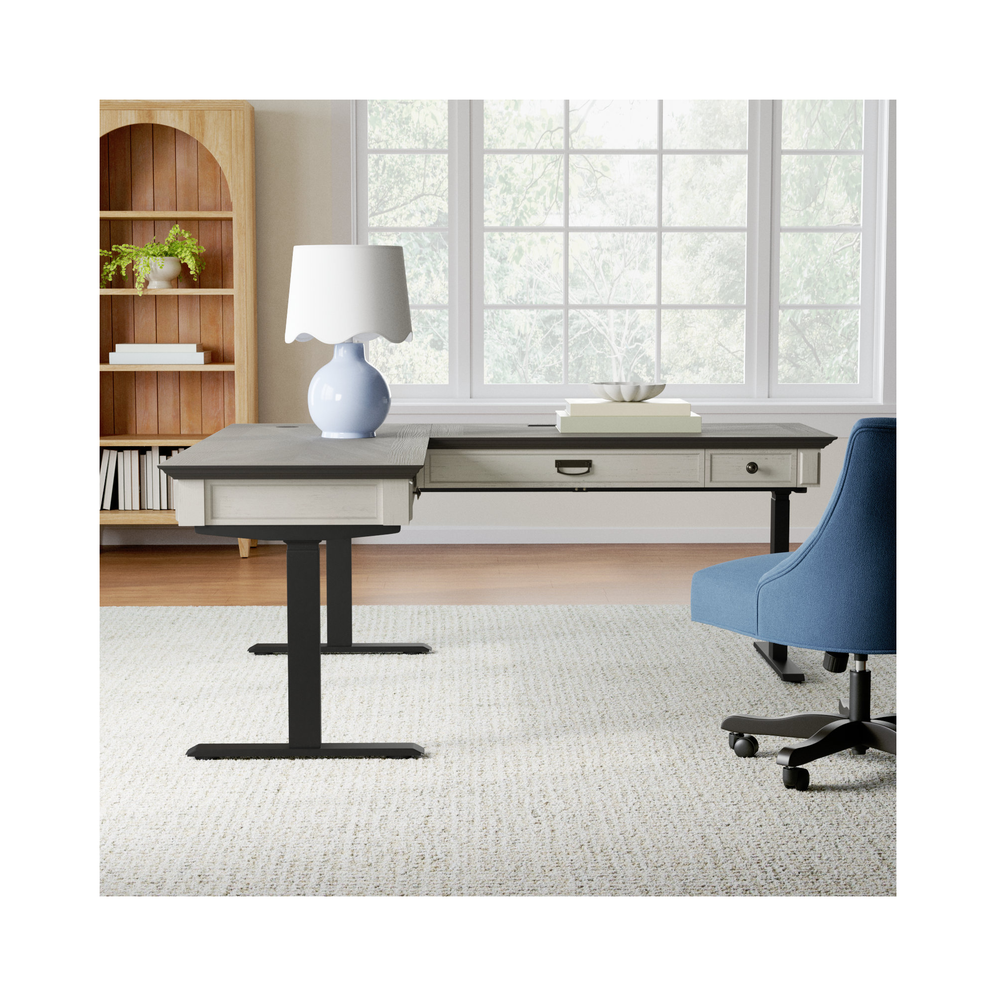 Emelia L-Shaped Yes Standing Desk, White/Ash Brown