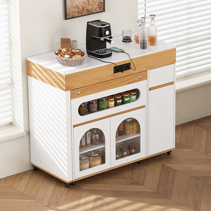 Table de salle à manger extensible avec plateau pliable extra-long, îlot de cuisine roulant avec tiroirs, prise de courant et verrou de frein, armoire de rangement pour la cuisine et la salle à manger (naturel et blanc crème)