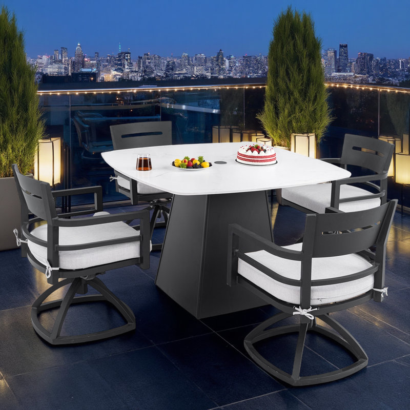 Ensemble de patio moderne 5 pièces - table en marbre grec et chaises pivotantes à 360 ° - aluminium toutes saisons et tissu Sunbrella