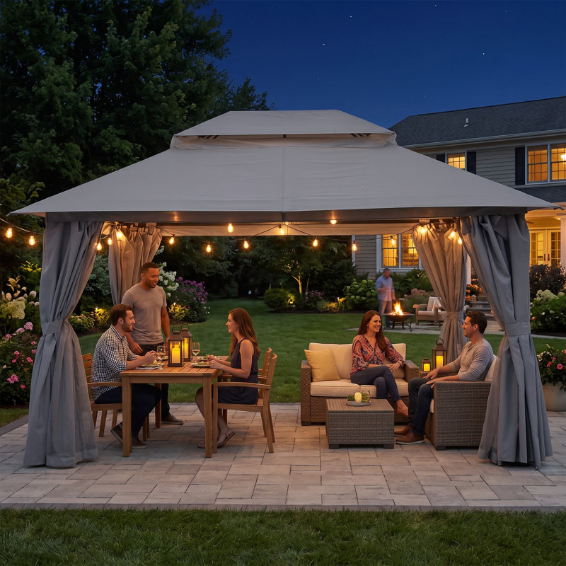 Gazebo d'extérieur 10'x13' avec moustiquaire et rideaux d'intimité, H 9,3 pi x l 13 pi x P 10 pi, Gris