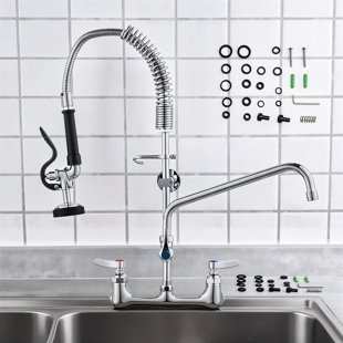 Wall-Mounted Brass Commercial Faucet, 21.2 Inches High, 8 Inches Centre Distance, 12.2-Inch Rotating Nozzle, With Pull-Out Flush Adapter For Multi-Compartment Sinks.