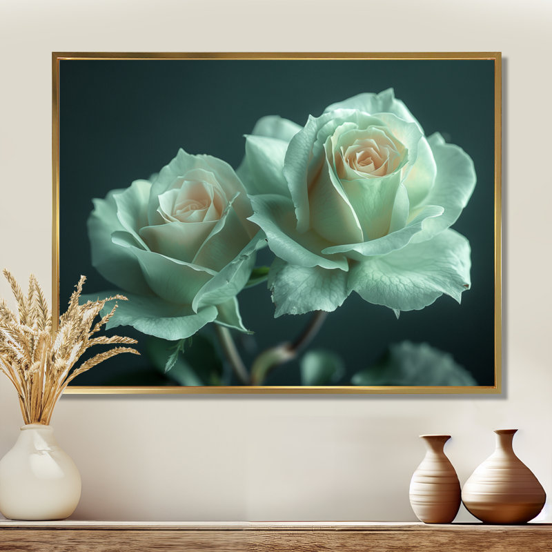 «White Green Mystical Garden Roses - Roses», reproduction d'art murale, Cadre flottant doré, 24" H x 32" W