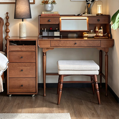 39.37" Mid-Century Cherry Wood Flip-Top Vanity Table – Built-In LED Lighted Mirror, Four-Tier Shallow/Deep Zoned Drawers with Solid Wood Slides, Brass Silent Swivel Casters, Multi-Functional Natural Wood Bedroom Makeup Desk & Storage Cabinet