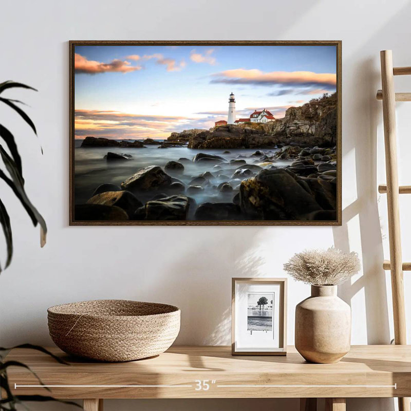 Portland Lighthouse Sunset, 25" X 17", Floating Frame Walnut