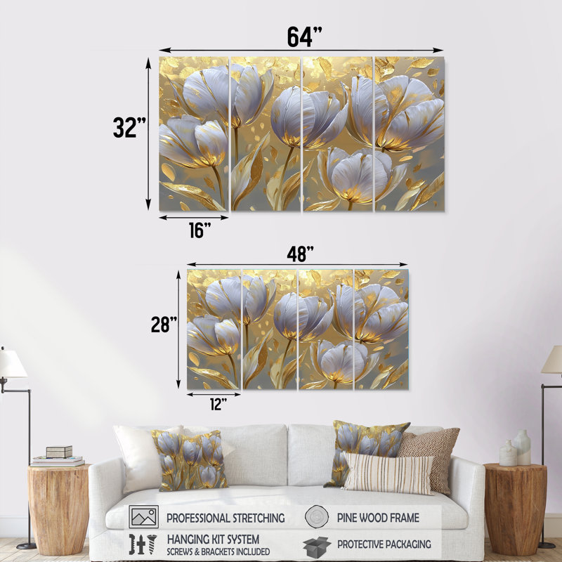Leamington - décoration murale tulipes - art mural traditionnel 4 pièces, H 32 po x l 64 po