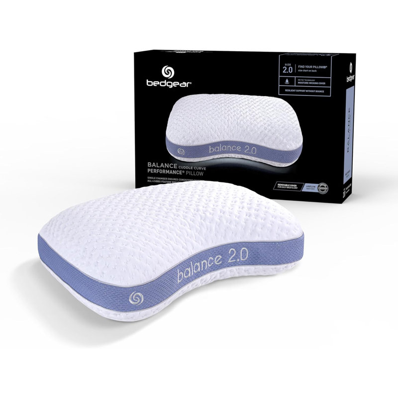 White and Blue Curved Performance Pillow for Side Sleepers