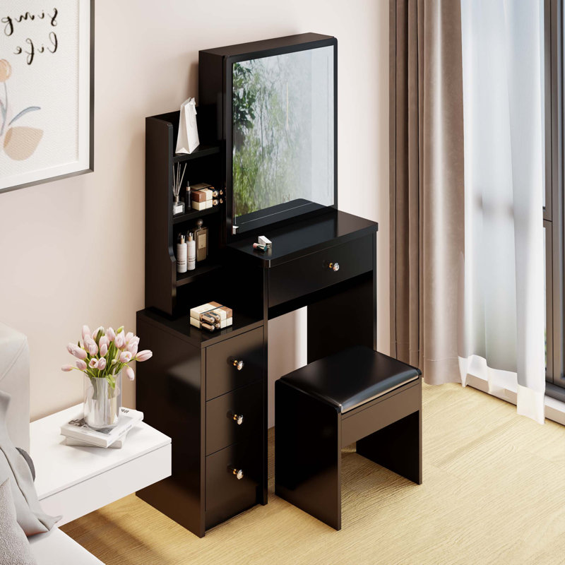 Petite coiffeuse 29,2 po avec tabouret de chevet gauche + tabouret rembourré, très grand miroir coulissant à droite, rangement multi-couches grande capacité, commode pratique et pratique, convient aux petits espaces
