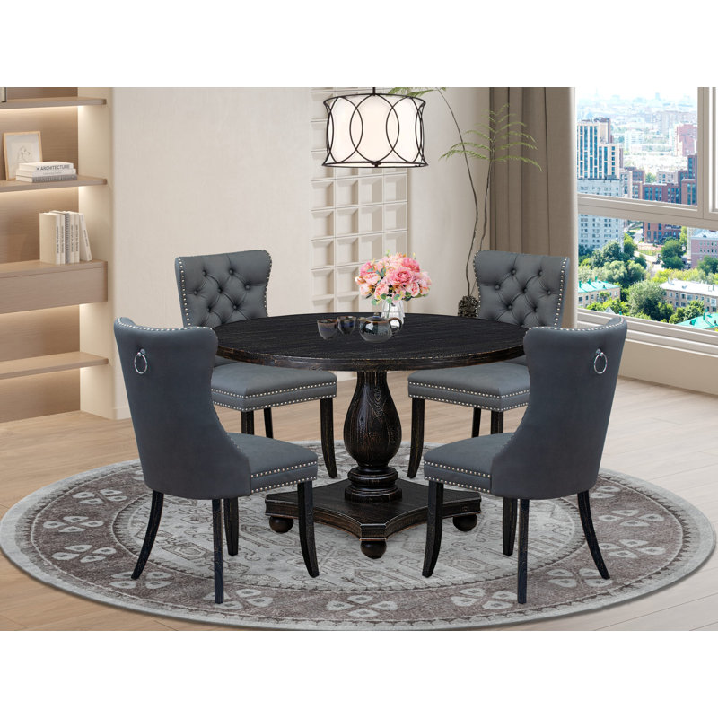 5-piece Dining Room Set with Polyester Fabric 4 Platinum Gray kitchen chairs, Button-Tufted Backs, and a 48"Round Breakfast Table in Sand Blasted Black
