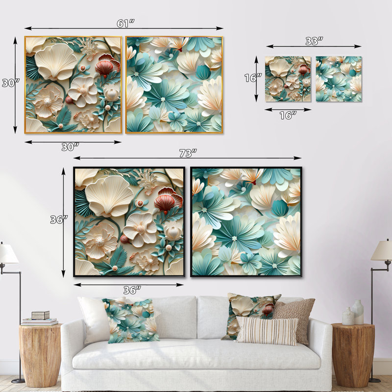 Crawfordsville - Ensemble de 2 collages carrés botaniques abstraits, Cadre flottant blanc, H 36 po x l 73 po