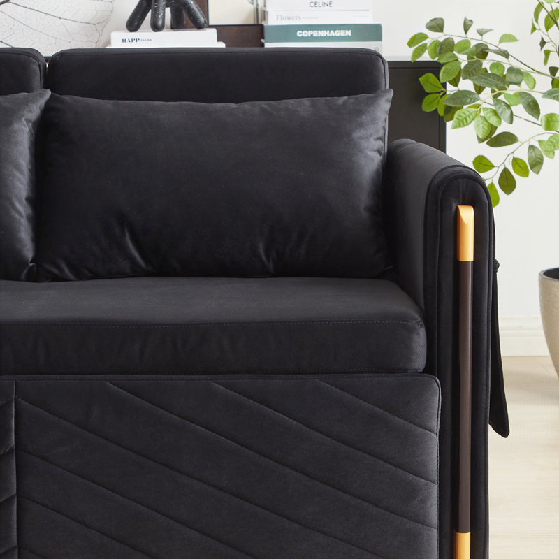 Velvet Multi-position adjustable Sofa with 2 Detachable Arm Pockets, Black, 33.05" H x 54.05" W x 35.75" D