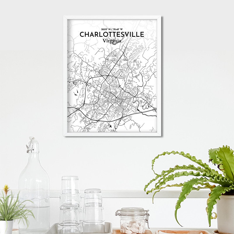 Charlottesville, carte de la ville, impression graphique, Noir / blanc, H 20 po x l 16 po x P 0,05 po