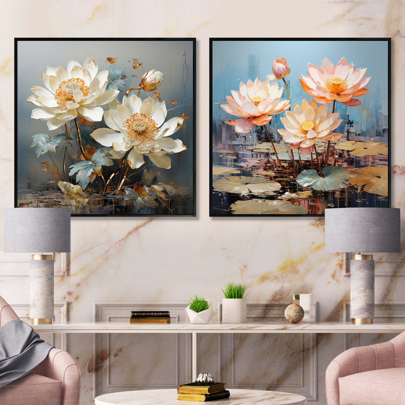 Lotus Pond Blooms Come Alive - lot de 2 lotus carrés, Cadre flottant noir, H 16 po x l 33 po