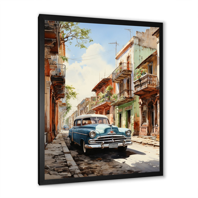 Irvings Turquoise Cuba Classic Cars sur toile, H 20 po x l 12 po x P 1 po, Cadre photo noir