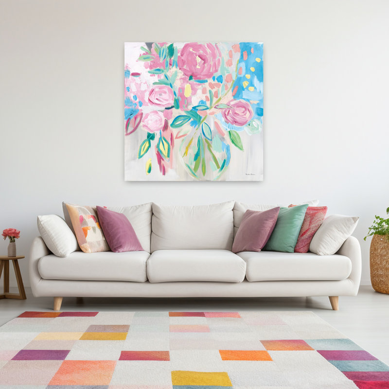 Pastel floral contemporain rose d'été avec art bleu turquoise, H 48 po x l 48 po