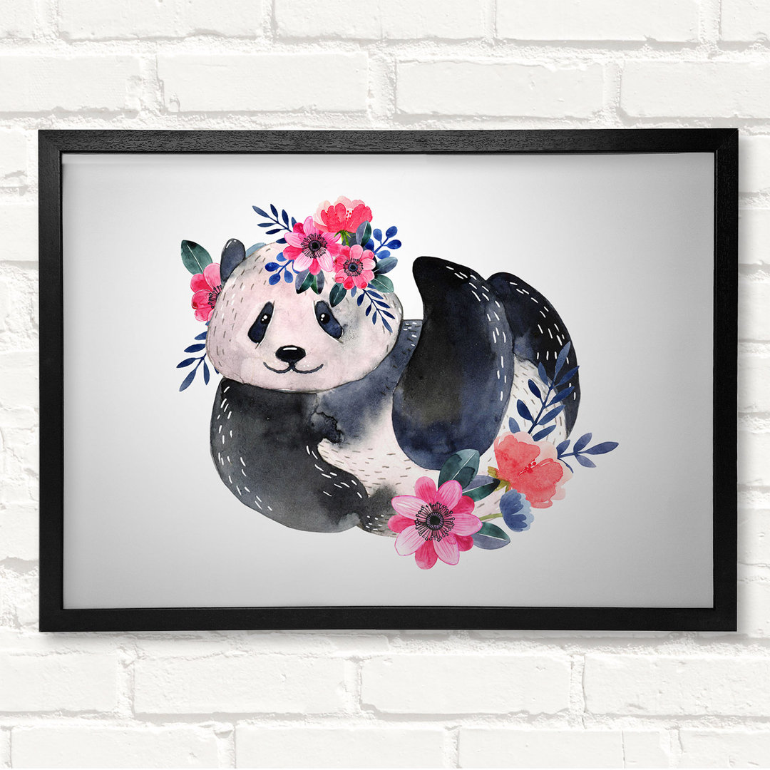 Cute Floral Panda - Closed Corner Frame Kunstdrucke auf Holz