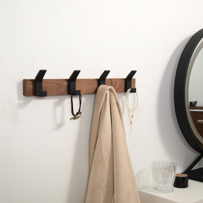 Coat Rack Wall Mount - 15.7 Inches Walnut Wood Coat Hooks Coat Rack Wall Mount With 4 Hooks Black Aluminum Coat Hooks For Hanging Coat Hat Bag Hat Rustproof Coat Hanger