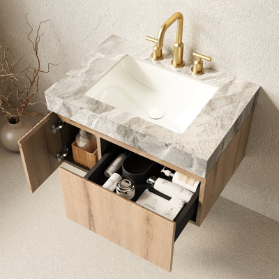 Meuble-lavabo de 30 po avec chêne blanc, plateau en pierre frittée grise, lavabo en céramique, tiroir et porte, armoire en contreplaqué, pierre d'amortissement à fermeture en douceur, espace de rangement généreux