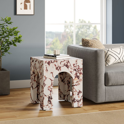 Valen Square Indoor - Outdoor Patio Arched Concrete Side Table In Red Marble