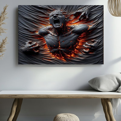 Fiery abstrait homme sculpture avec fissures de lave rougeoyantes, reproduction d'art sur toile pour le salon, la chambre à coucher, le bureau, le couloir, le vestibule, le mur de la galerie et la décoration intérieure moderne
