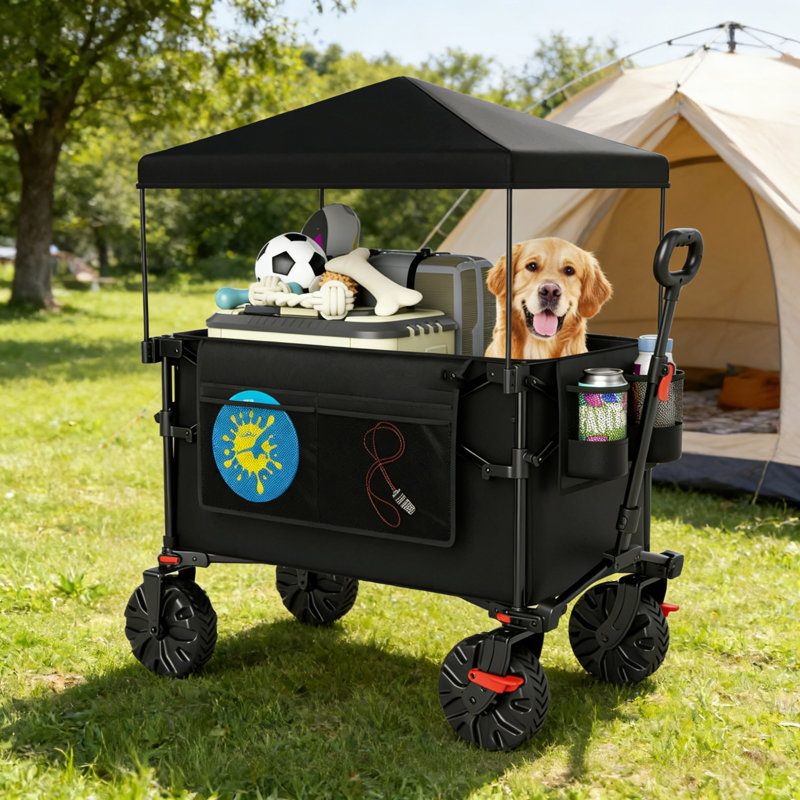 XXL Heavy Duty Beach & Camping Trolley With Canopy – 350L Collapsible Wagon With Brakes & Open Tailgate