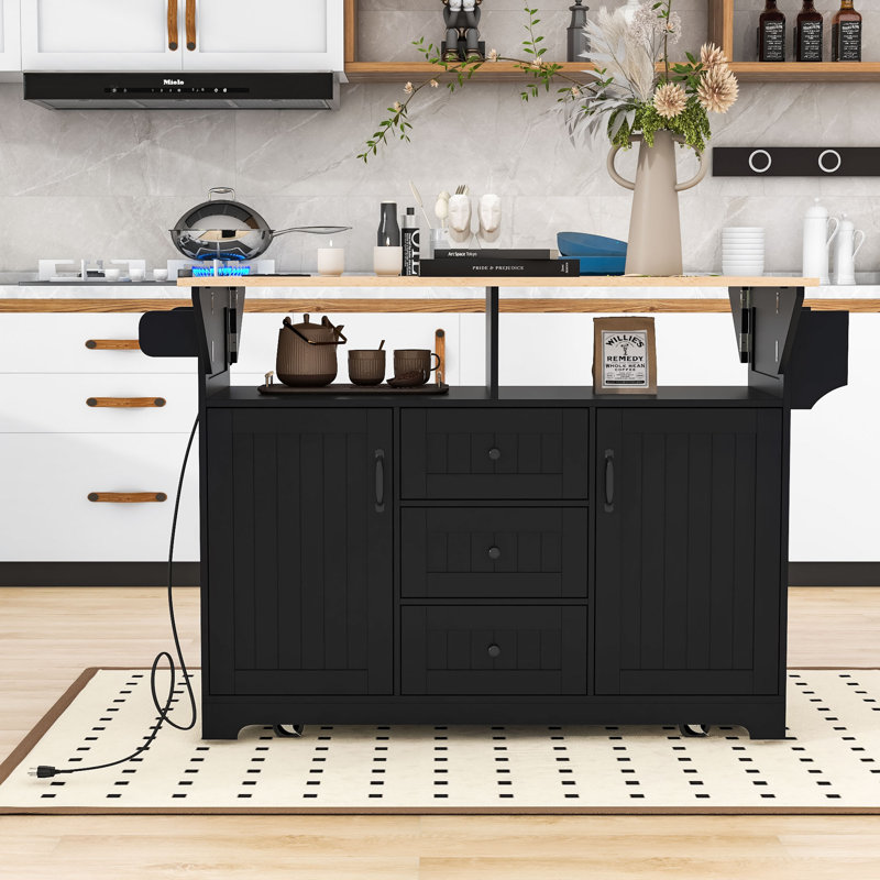 Îlot de cuisine roulant extensible avec 2 abattants, prises de courant intégrées et armoire de rangement