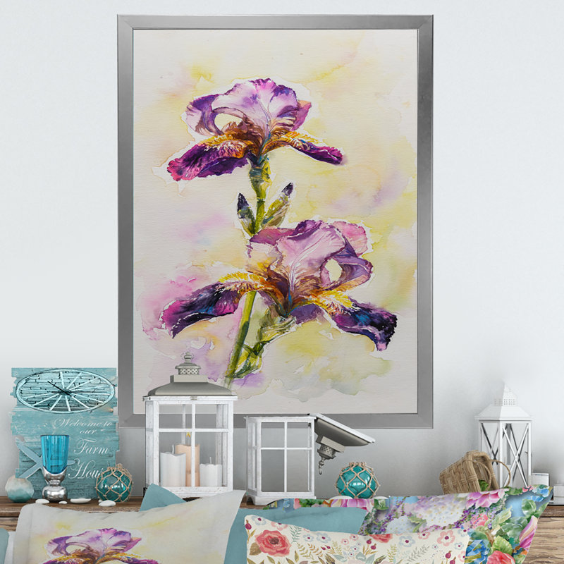 Aquarelle Iris fleur rose - décoration murale traditionnelle sur toile, Toile avec cadre photo argenté