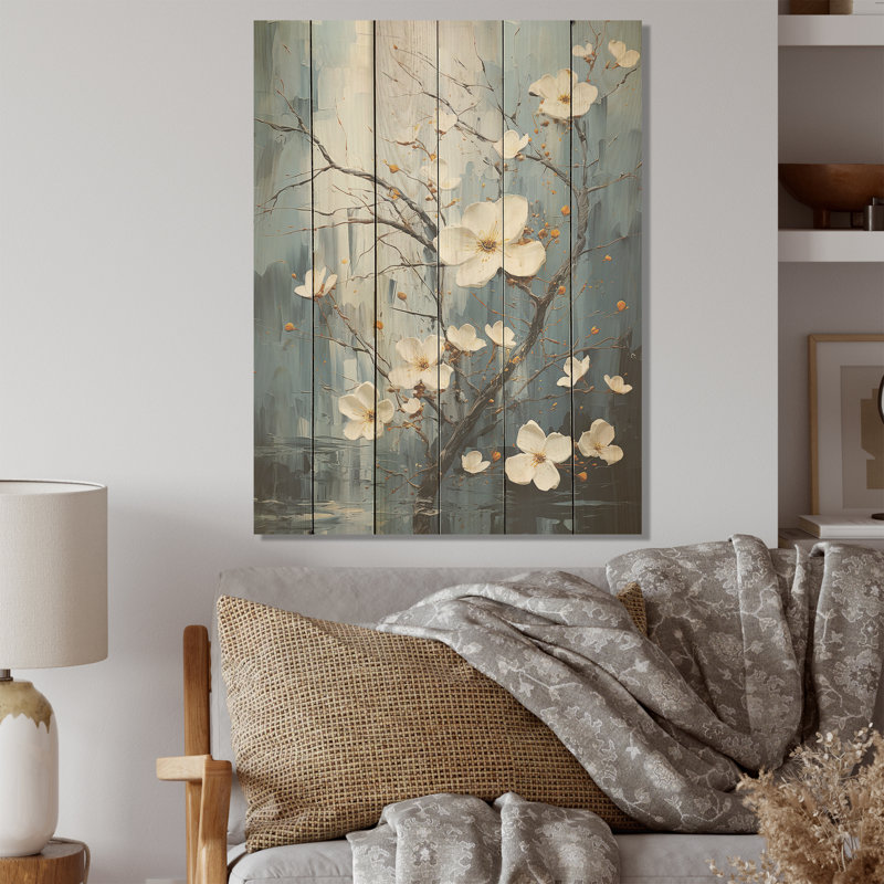 Gris et bleu Dogwood Expression I - art mural en bois de cornouiller sur bois de pin naturel, H 40 po x l 30 po