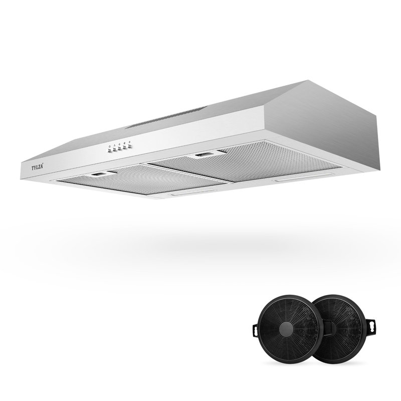 Hotte sous un meuble en acier inoxydable 30 pouces 600 CFM, convertible à conduit / sans conduit, commande à bouton-poussoir, 3 vitesses ultra-silencieuses, lumières DEL, filtres à chicane en aluminium à 5 couches et filtres à charbon, argent