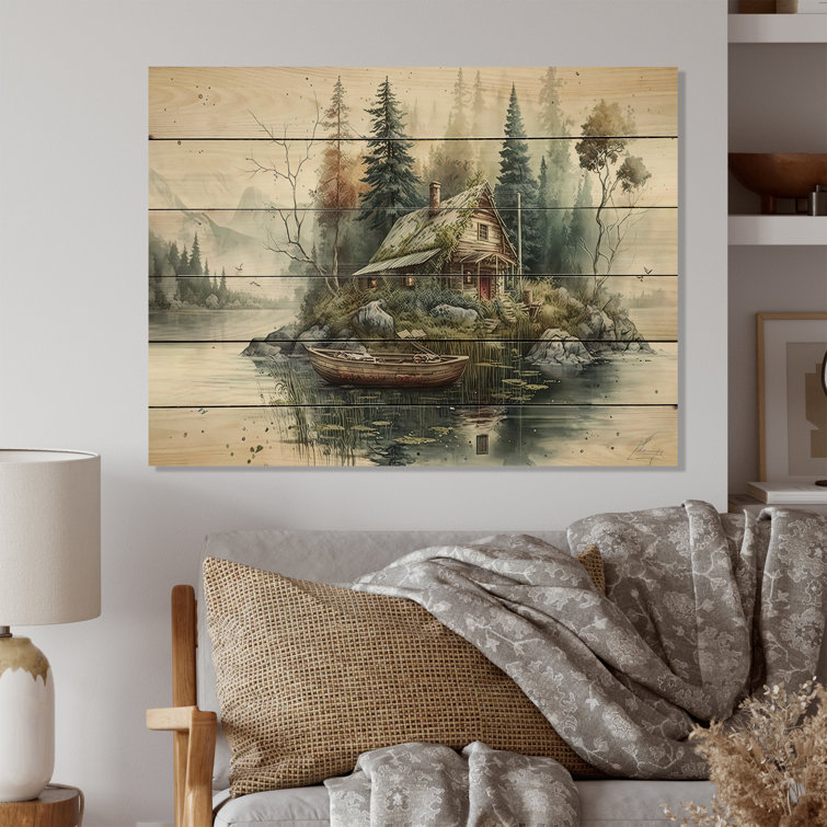 Fishing House by The Lake I - Unframed Print On Wood Millwood Pines Size: 12 H x 20 W x 1 D