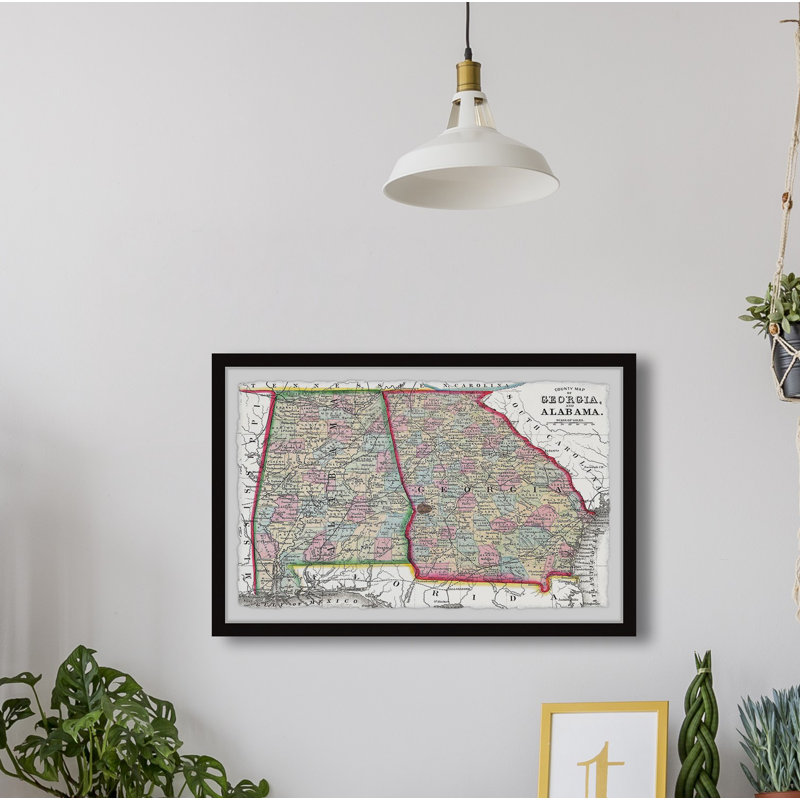Carte rétro de la Géorgie et de l'Alabama, impression encadrée sur papier, H 12 po x l 18 po x P 1,5 po