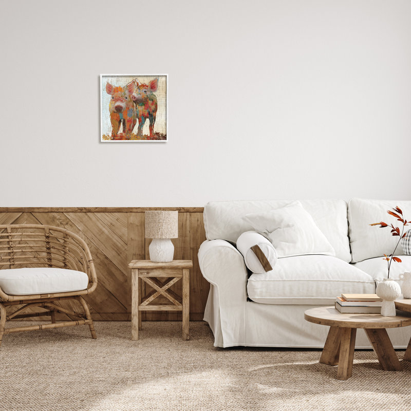 «Rustic Farm Pigs Abstract Contemporary Patchwork», impression, Cadre blanc, H 17 po x l 17 po x P 1,5 po