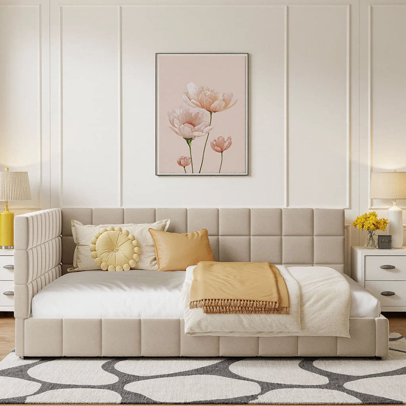 Structure de canapé-lit double en velours pleine grandeur de style moderne Mid-Century beige, Beige