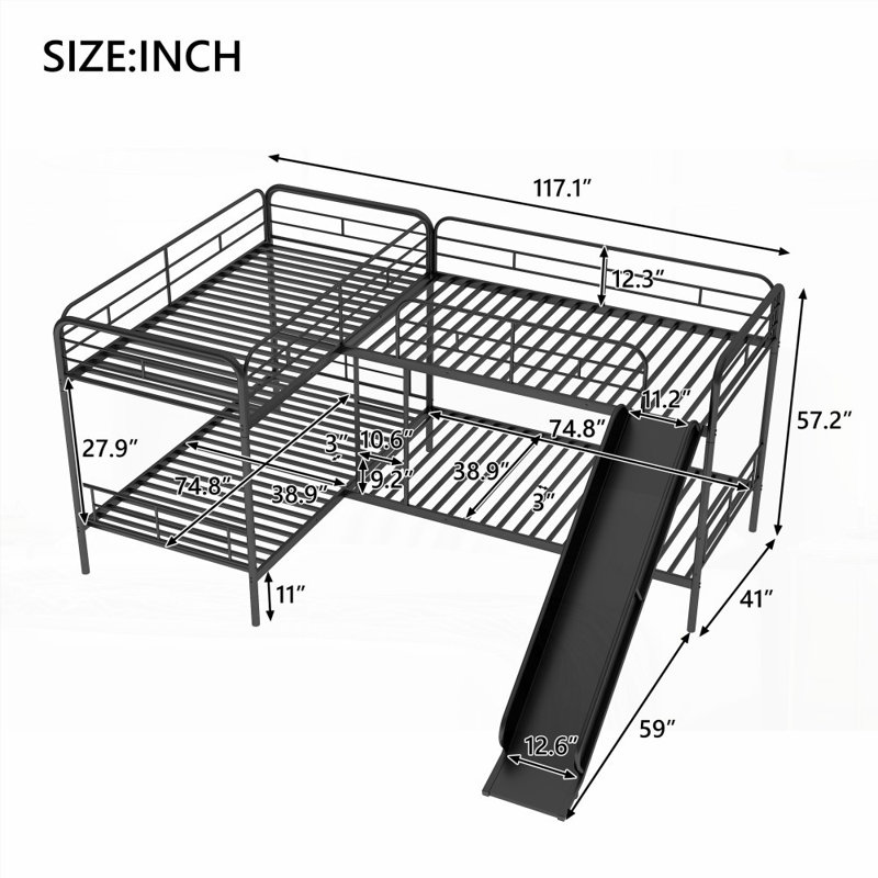 Lit simple superposé en forme de L avec glissade et échelle - pas besoin de sommier, structure en métal durable