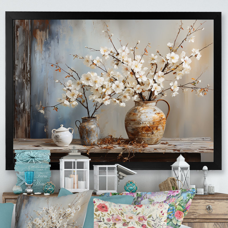 Art mural, poterie et fleurs, H 16 po x l 32 po x P 1 po, Cadre simple noir