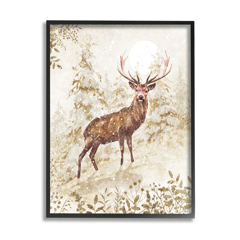 «Elk Snow Covered Forest» encadré sur bois par Pip Wilson, peinture, H 14 po x l 11 po, Giclée encadrée noir minuit