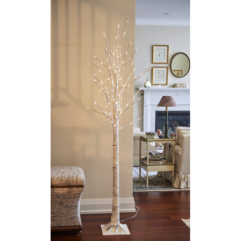 Birch Tree On Metal Base In/Outdoor with LED Lights with 8 Lighting Modes, 83" H x 10"W x 10" D, White