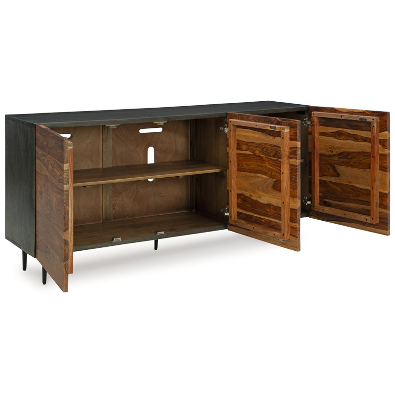 Sideboard Cabinet Console, 3 Grooved Brown Sheesham Wood 64 Inch