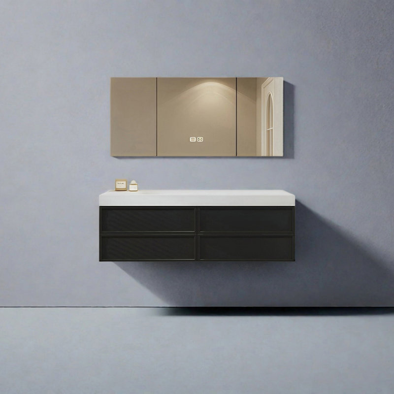 Armoire de salle de bain japonaise, Noir, H 19,68 po x l 62,99 po x P 21,65 po