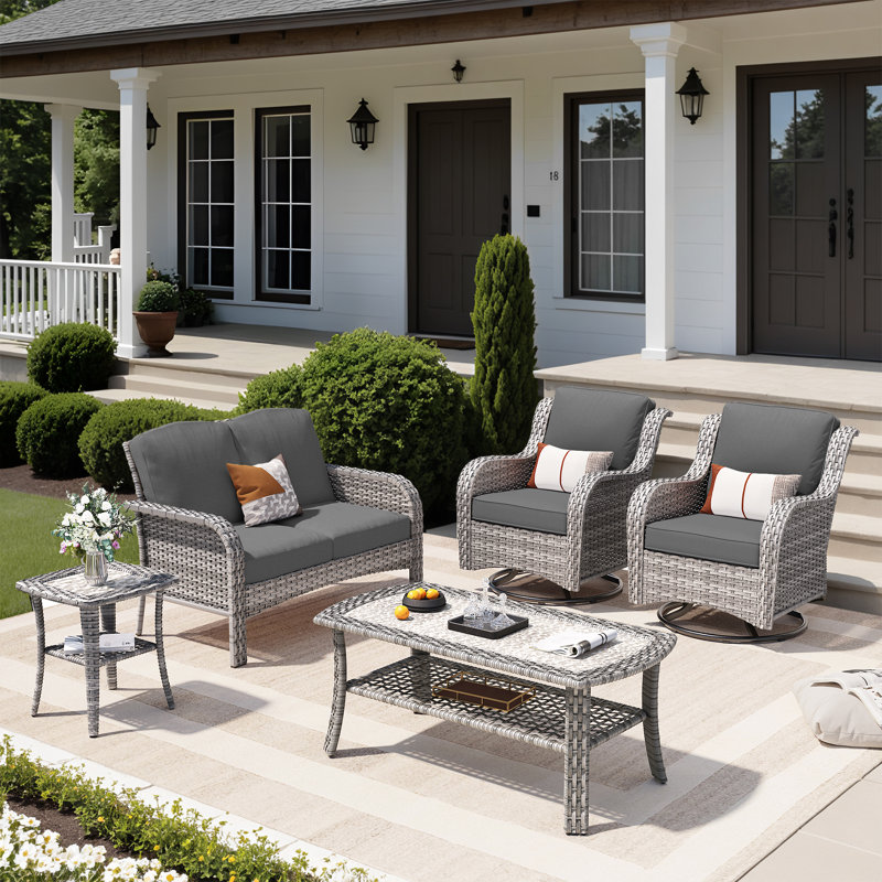 5-piece Outdoor Patio Furniture Set With Swivel Chairs & Coffee Table – Rattan Conversation Set For Front Porch, Backyard, And Deck