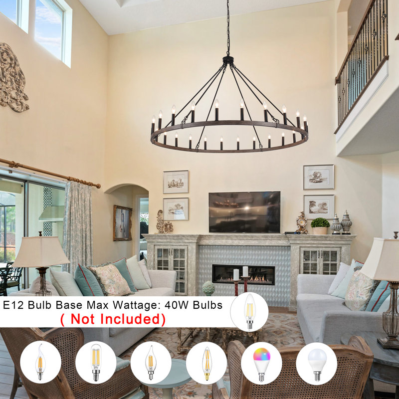 Yeraldine 24 - Light Lagre Dimmable Wagon Wheel Chandelier Farmhouse Round Vintage Candle Style Light for Living Room, Foyer, Entryway