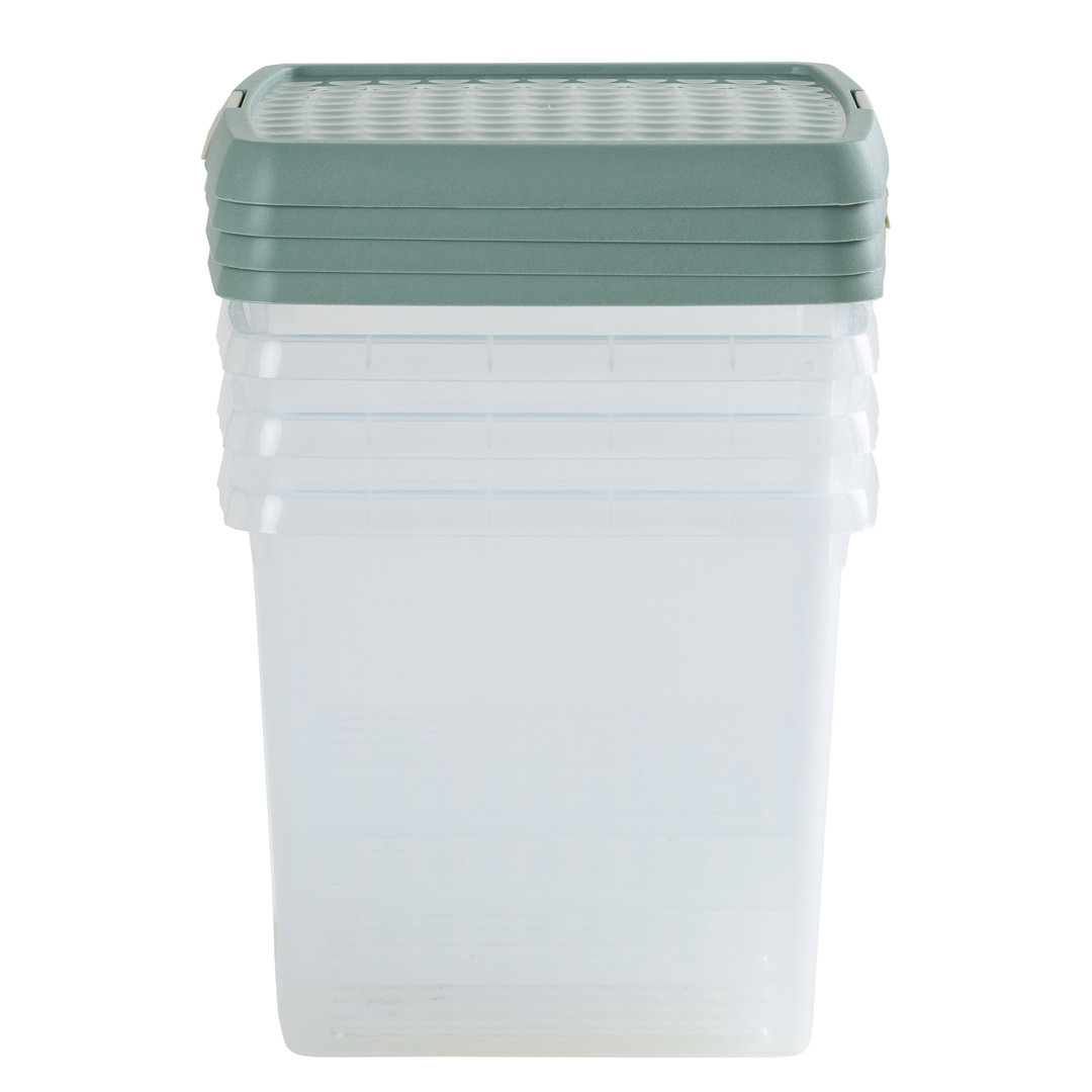B&Q -  Clip 4X 14L Square Plastic Storage Boxes With Clip Lock Lids. Ideal For HomeOfficeToys & MoreClear/green Milieu - Image 2