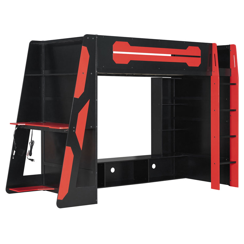Lit mezzanine en bois avec bureau, Lit simple, Rouge