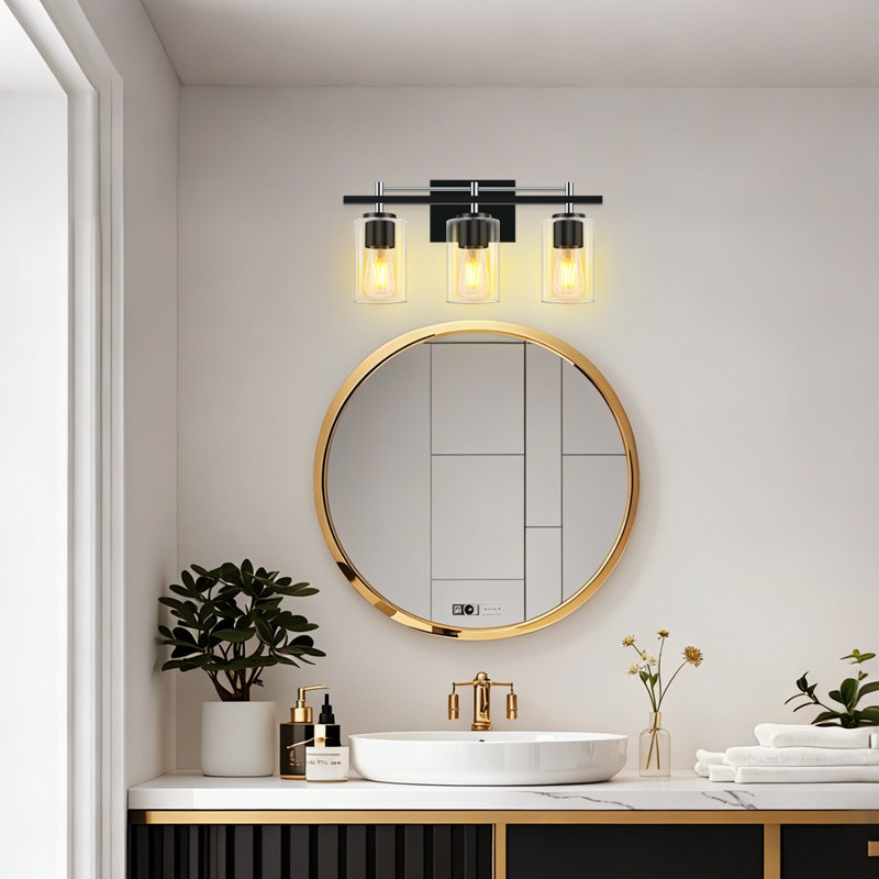  3 - Light Vanity Light With Clear Glass Shade For Bathroom, Bedroom, Hallway, Staircase, 3 Lights, Matte Black/Silver