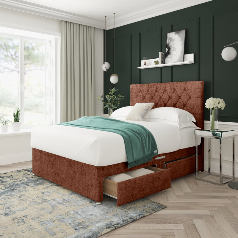 Upholstered Divan Bed, Brown, Super King (6'), Left Side Drawers