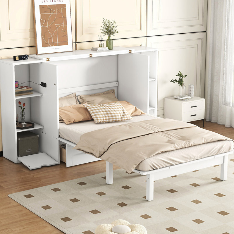 Lit escamotable avec tablettes, tiroirs et ports USB, Blanc, Grand