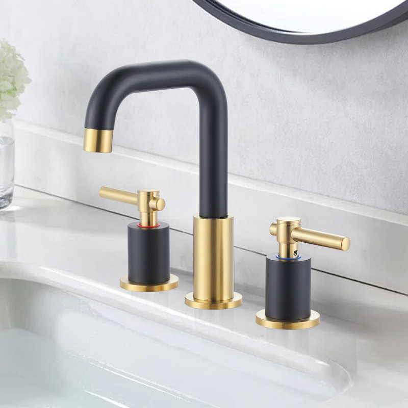 8 In. Widespread Double Handle Bathroom Faucet With Pop-Up Drain Kit Included And Supply Lines, Matte Black/Gold