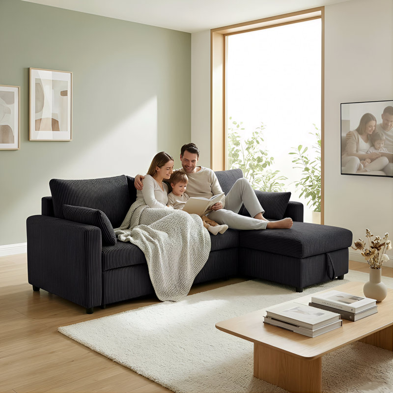 85" Pull Out Sleeper Sofa Bed, L-Shaped Corduroy Sectional with Hidden Storage Chaise for Small Spaces, Black
